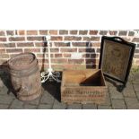 Small wooden barrel with spigot, wooden whisky box, commemorative folding fire screen & wrought iron