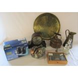 Bida Nigeria brass charger, Janneau Grand Armagnac with indoor boules set, SRS-A35 speaker system,