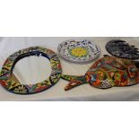 Large Mexican art pottery sun dish, moon wall plaque, decorative mirror & fish
