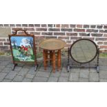 Toilet mirror, fire screen with hunting scene & a folding brass top table