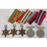 5 WWII medals consisting of 1939-45 medal, defence medal, 1939-45 star, Italy star and Africa star