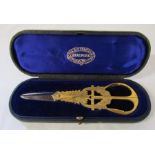 Presentation / Ceremonial cased set of ornate brass handled scissors with fish design and