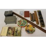 Pewter cigarette box and one other, Horner & Bluebird tins, prayer books, rulers etc.