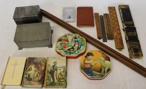 Pewter cigarette box and one other, Horner & Bluebird tins, prayer books, rulers etc.