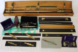 Large cased draughtsman's compass & selection of rulers etc including Huntley & Stanley