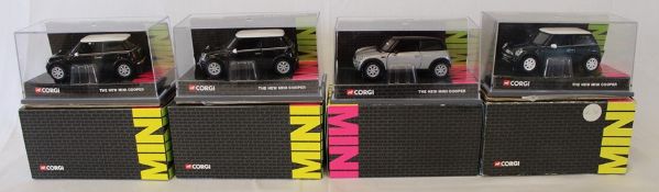 4 Corgi The New Mini Cooper diecast models (boxed) scale 1:36 silver, racing green & 2 x black