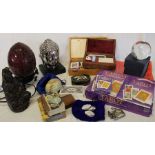 Crystal ball, Tarot cards, Angel cards, dowser, decorative boxes, lamp etc.