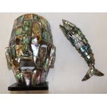 Abalone articulated fish bottle opener & face mask on stand