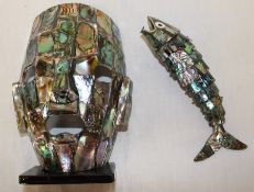 Abalone articulated fish bottle opener & face mask on stand