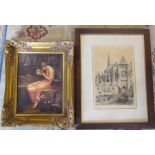 Gilt framed print of a young woman 45 cm x 54 cm and a framed engraving by Axel H Haig, signed in