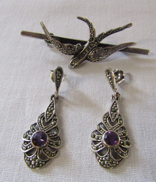 Silver marcasite swallow brooch & pair of silver and marcasite earrings