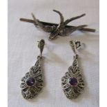 Silver marcasite swallow brooch & pair of silver and marcasite earrings