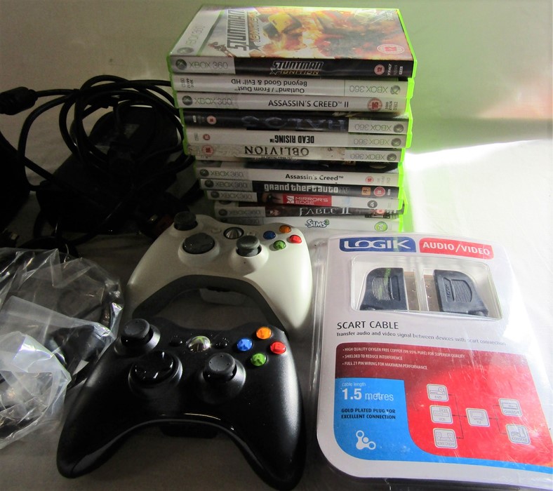 Microsoft Xbox 360S gaming console model 1439 with assorted games, headset, scart cable, power - Image 2 of 3