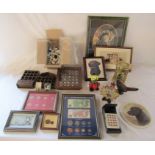 Various thimbles and display stands, assorted dog prints (sample shown), Rockwell calculator,