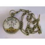 White metal Hebdomas patent 8 day Swiss made pocket watch with white metal chain