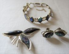 Silver and mother of pearl bracelet, brooch and pair of earrings total weight 0.75 ozt