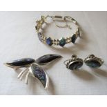 Silver and mother of pearl bracelet, brooch and pair of earrings total weight 0.75 ozt