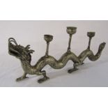 Oriental metal candlestick in the form of a dragon with three scones L 51 cm