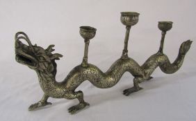 Oriental metal candlestick in the form of a dragon with three scones L 51 cm