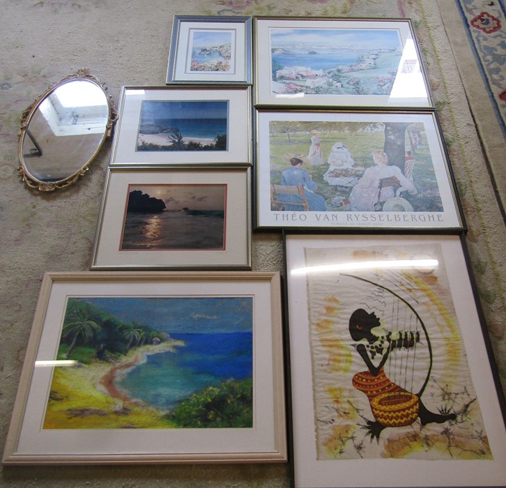 7 framed photographic pictures, prints and pastel picture etc & a gilt framed oval mirror