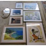 7 framed photographic pictures, prints and pastel picture etc & a gilt framed oval mirror