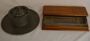 Wooden & glass pen tray & ink wells & a pewter inkwell