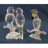 Boxed Swarovski budgies H 8 cm 680627 and boxed cockatoo H 8 cm 261635