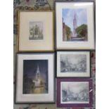 Selection of Louth pictures inc St James from Chequergate by John M Brookes, etching of Louth Church