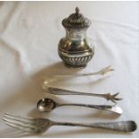 Silver pepper pot (marks indistinguishable) H 9 cm weight 1.54 ozt, sugar tongs Birmingham 1938