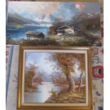 Unframed landscape oil on canvas by I Bauer 99 cm x 49. 5 cm  and a framed landscape oil on canvas