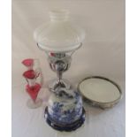 Various items inc silver plated cake stand, Famos lamp, cheese dish (lid repaired) and 2 cranberry