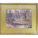 Framed watercolour of a woodland stream by J G Sykes (John Gutteridge Sykes 1866-1941) 56 cm x 46 cm