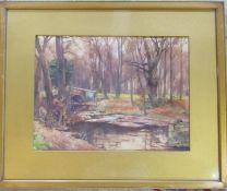 Framed watercolour of a woodland stream by J G Sykes (John Gutteridge Sykes 1866-1941) 56 cm x 46 cm