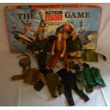2 vintage Action Man figures & another figure, Action Man accessories & an Action Man board game