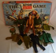 2 vintage Action Man figures & another figure, Action Man accessories & an Action Man board game