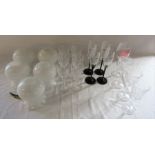 Set of 5 glass light shades, 6 cut glass wine glasses & other various glassware
