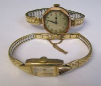 9ct gold ladies wristwatch with gold effect elasticated strap together with a gold plated Bulova