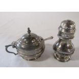 Silver pepper pot London 1905 and mustard pot Birmingham 1925 and spoon Birmingham 1908 total weight