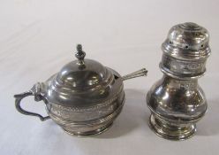 Silver pepper pot London 1905 and mustard pot Birmingham 1925 and spoon Birmingham 1908 total weight