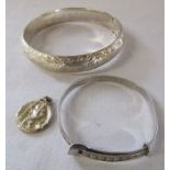 Silver ornate bangle, christening bangle and St Christopher total weight 0.77 ozt