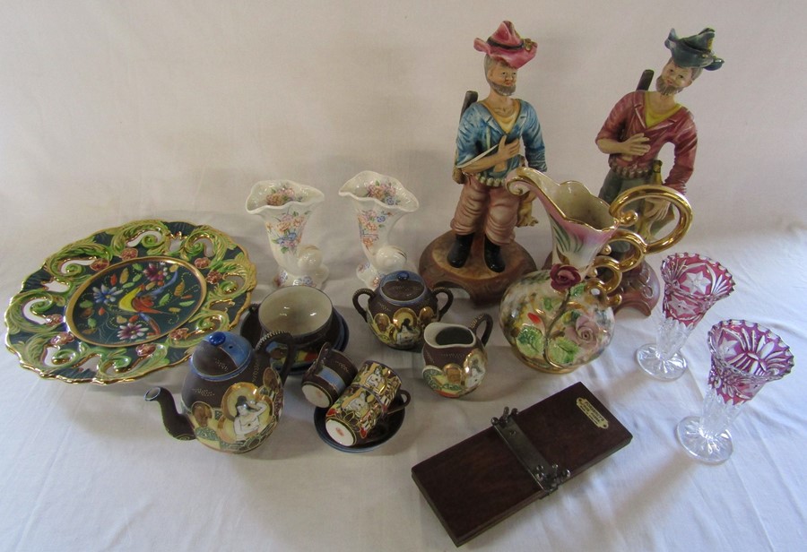 Various ceramics and glassware inc Cornucopia vases, Capodimonte style figurines, pair of glass