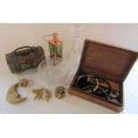 Copper musical lamp, Edwardian basket, glass decanter and bowl, wooden box etc