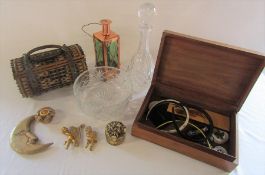 Copper musical lamp, Edwardian basket, glass decanter and bowl, wooden box etc