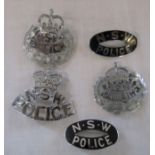 New South Wales Police badges inc shoulder titles and cap badges