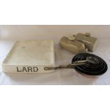 Set of copper pans, hot water bottles and a lard slab