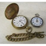 Gold plated full hunter pocket watch Thos Russell & Son Liverpool, gold plated watch chain &