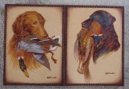 Pair of poker work pictures of hunting dogs by G Cundill 37 cm x 50 cm