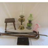 Oil lamps, small stool, walking sticks etc