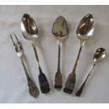 2 silver teaspoons London 1933, silver spoon London 1854, pickle fork 1929 and an Afghan silver salt