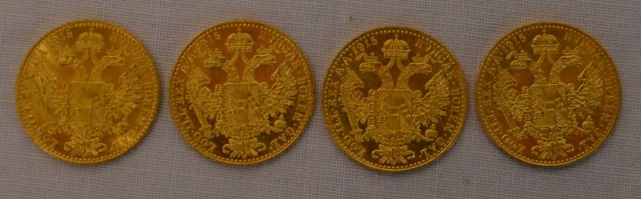 4 Austrian 1915 22ct gold one Ducat coins each 3.5g (total 14g) - Image 2 of 2